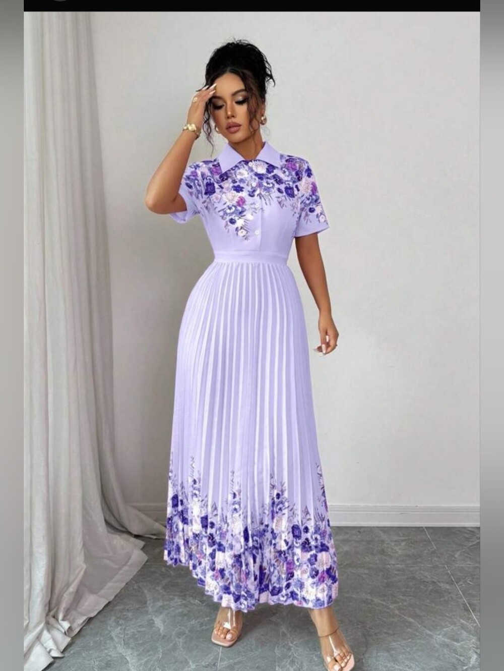 NWOT Shein Elenzga Purple Floral Elegant Pleated Collared Short Sleeve Size XL